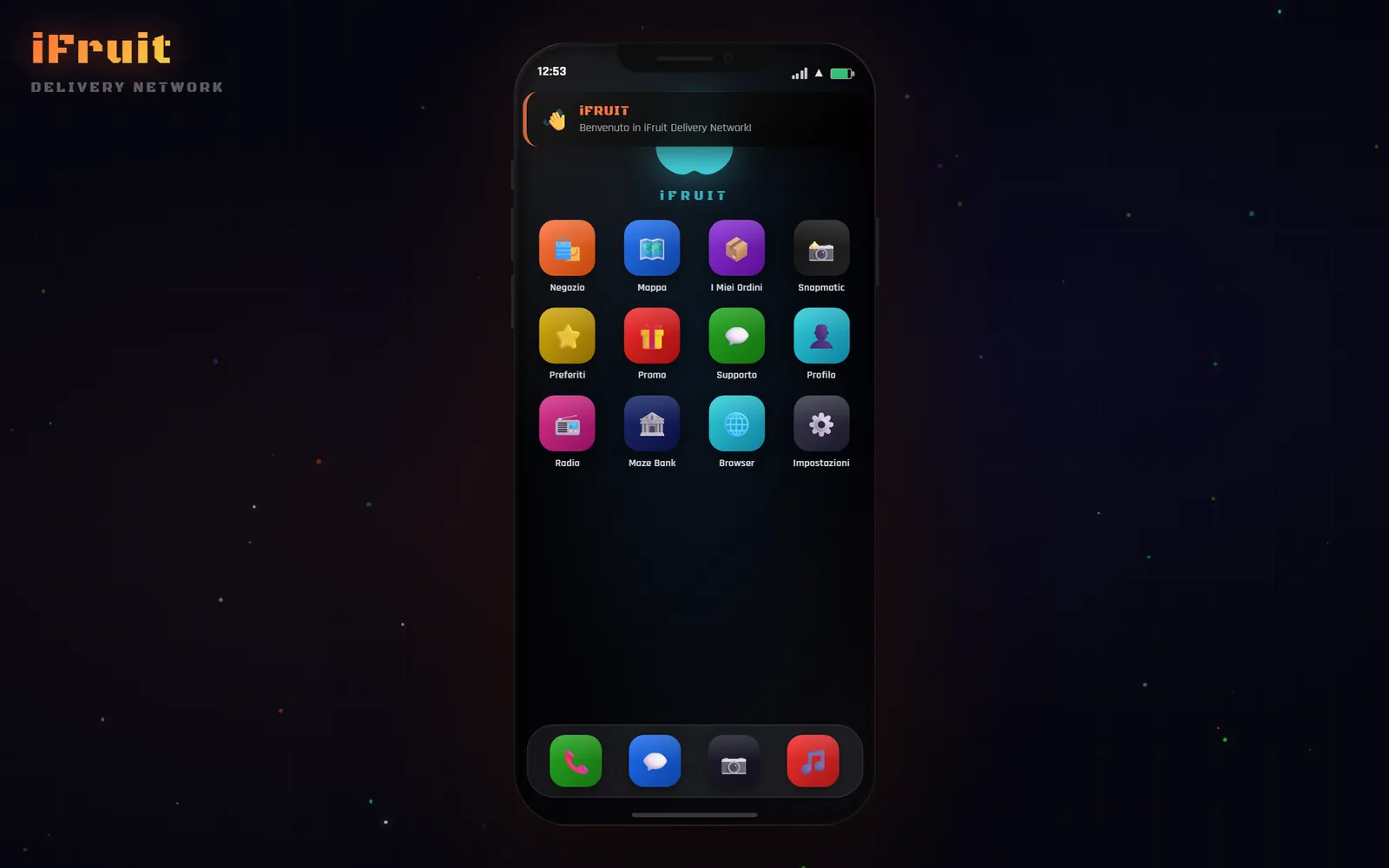 Interfaccia di iFRUIT in stile smartphone da videogioco, con le app Negozio, Mappa e Ordini