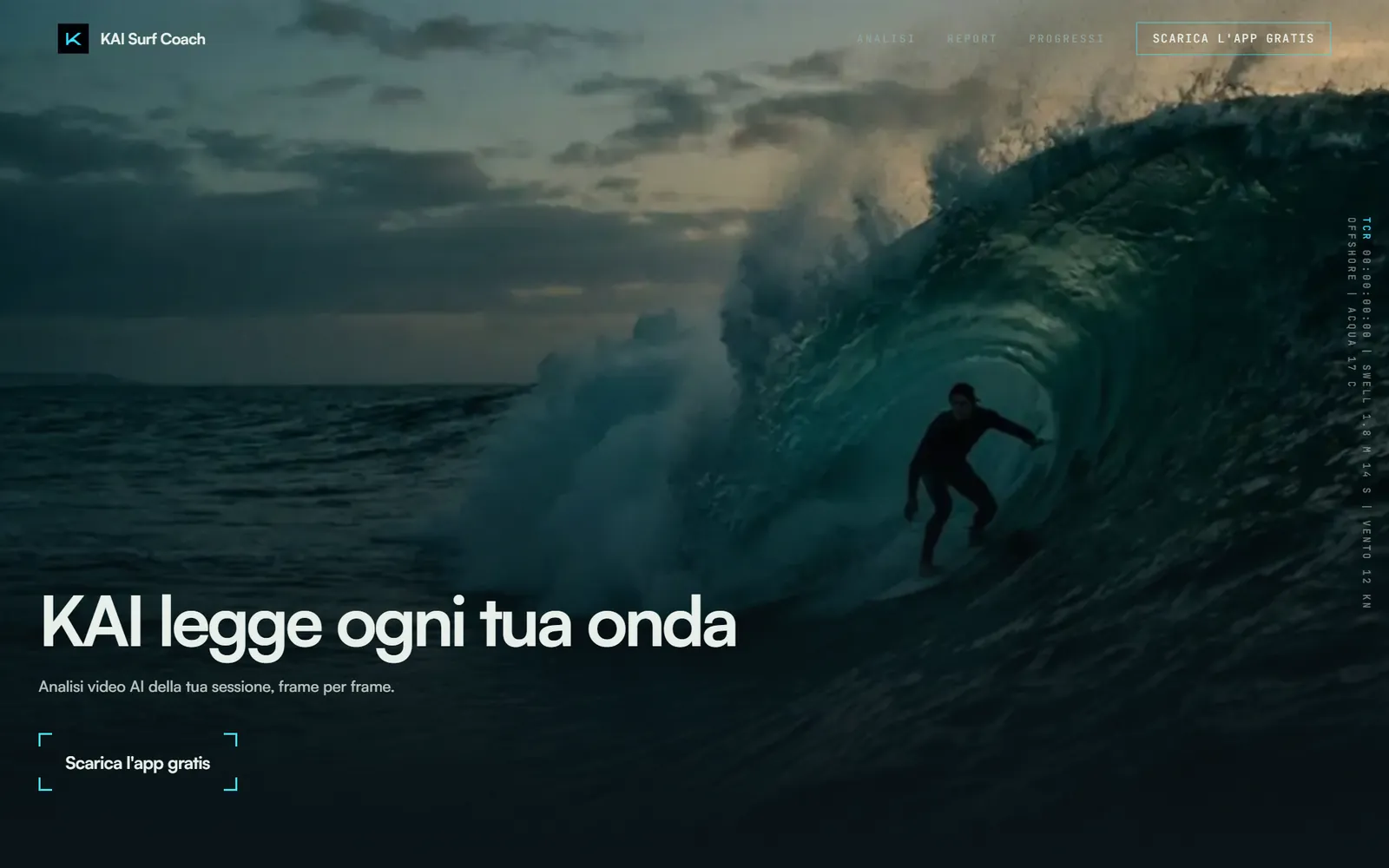Home del sito di KAI: un surfista dentro l’onda e il titolo “KAI legge ogni tua onda”