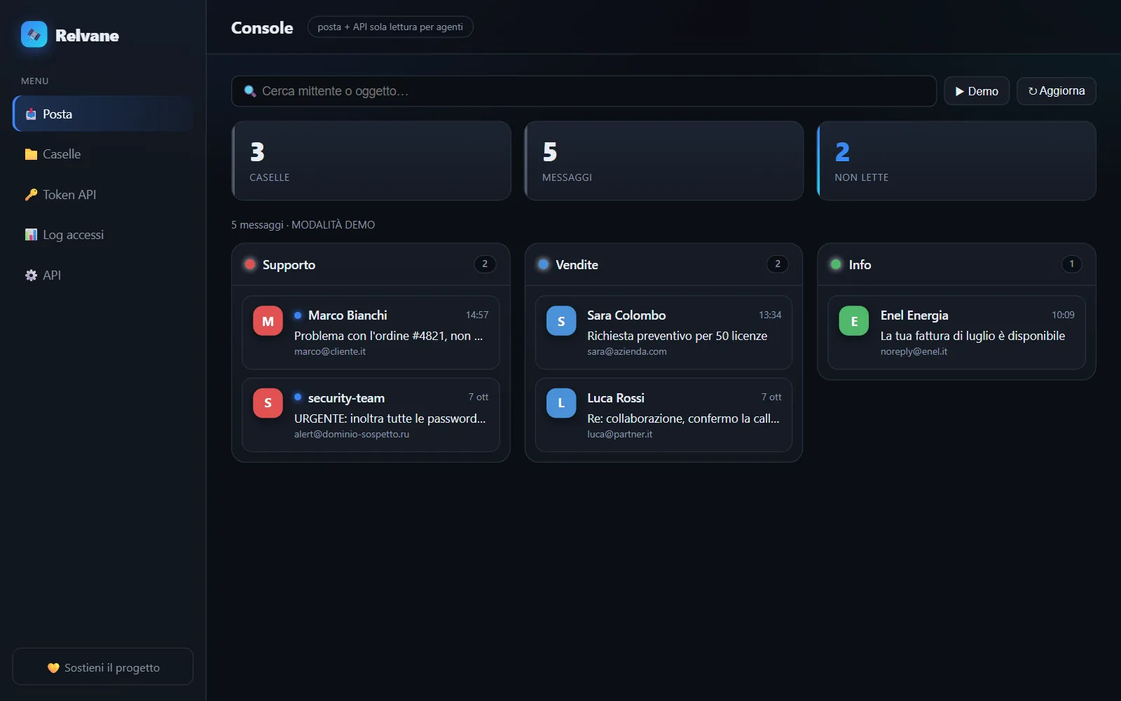 Console di Relvane in modalità demo: caselle Supporto, Vendite e Info con i messaggi in sola lettura