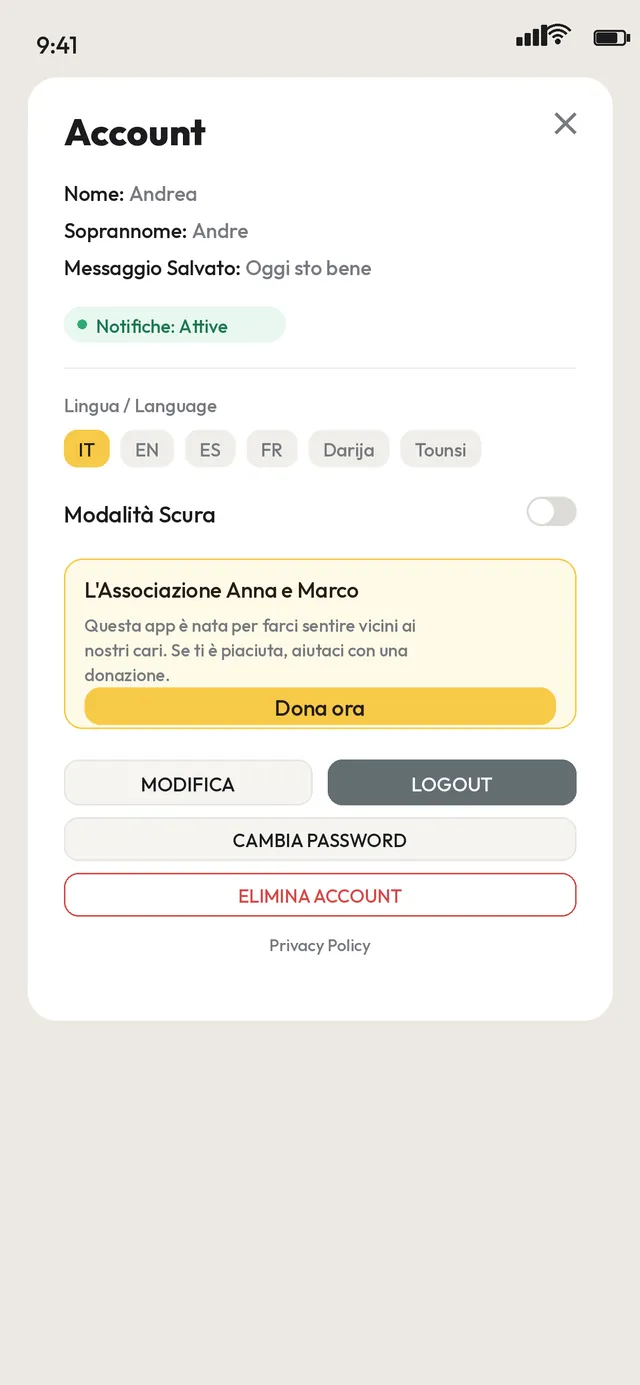 Impostazioni di Tap.me con sei lingue, tra cui darija e tunisino